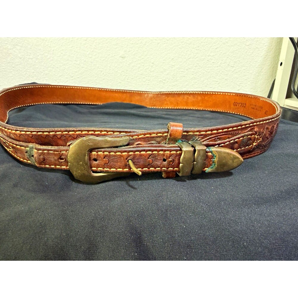 Vintage Tex Tan Leather Western Belt Size 40 USA Tooled Brown Brass Cowboy